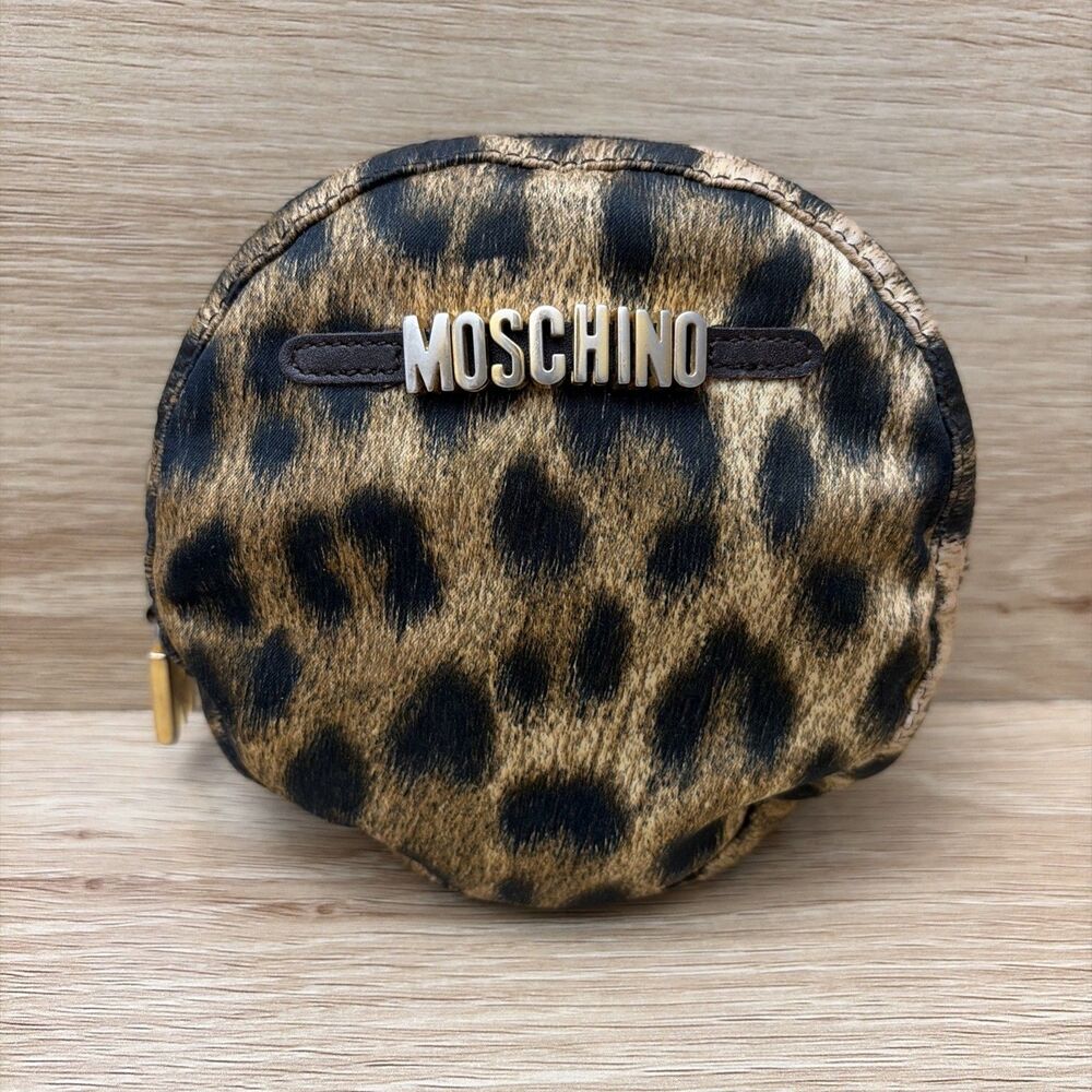 Moschino Leopard Small Round Cosmetic Makeup Pouch Zip Bag w/Logo